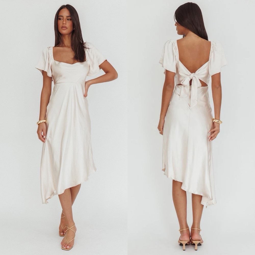 NWT Selfie Leslie Grayson Tied‎ Back Asymmetrical Midi Dress in Champagne Sz M